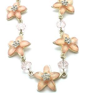 Pink Champagne Bib Necklace Frosted Flower Rhinestone Gold-tone